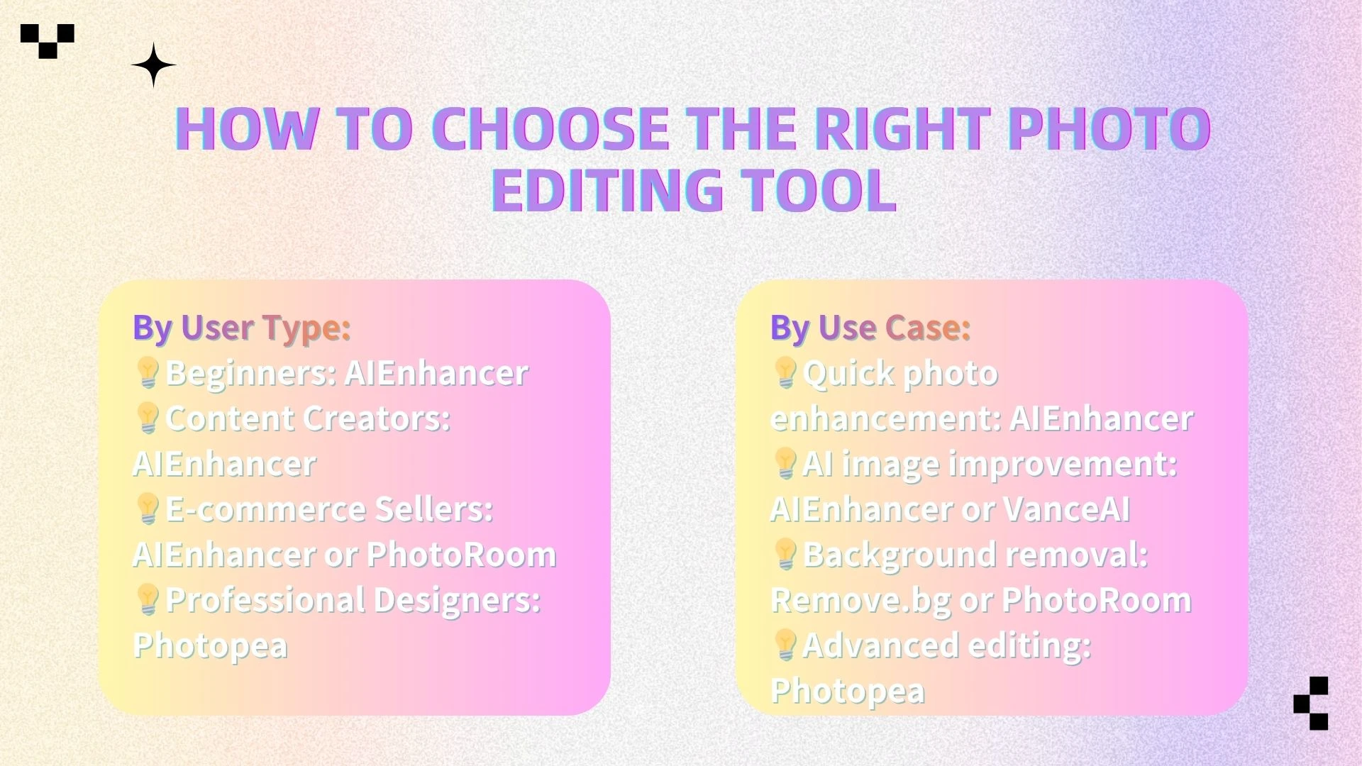 By Use Case: - AIEnhancer